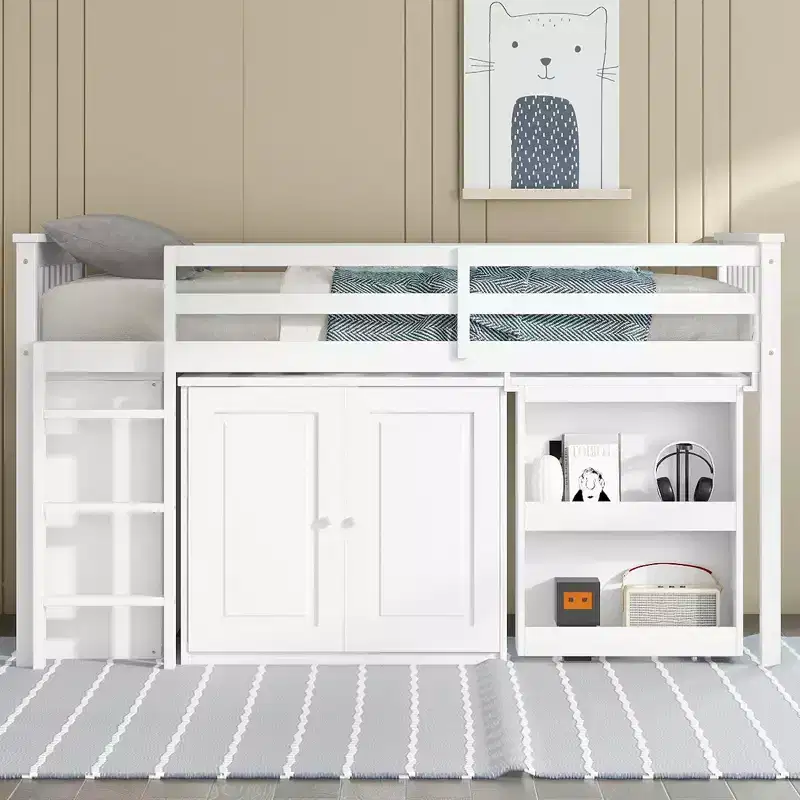 Twin Size Loft Bed with Storage Cabinet and Drawer for Teens, Wooden Loft Bed with Pulling-Out Desk, Guardrails and Ladder