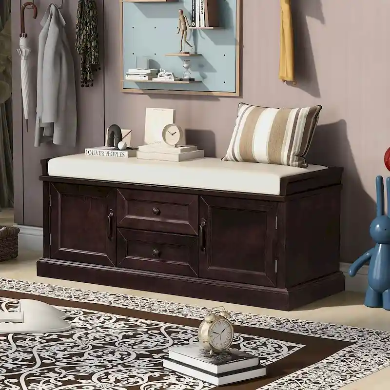 Farmhouse Upholstered Storage Bench with 2 Drawers and 2 Cabinets