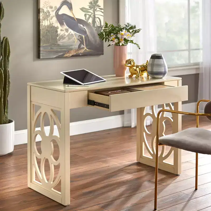 Floral Panel Legs Desk White, Solid Rubberwood, Mid-Century Modern, 44