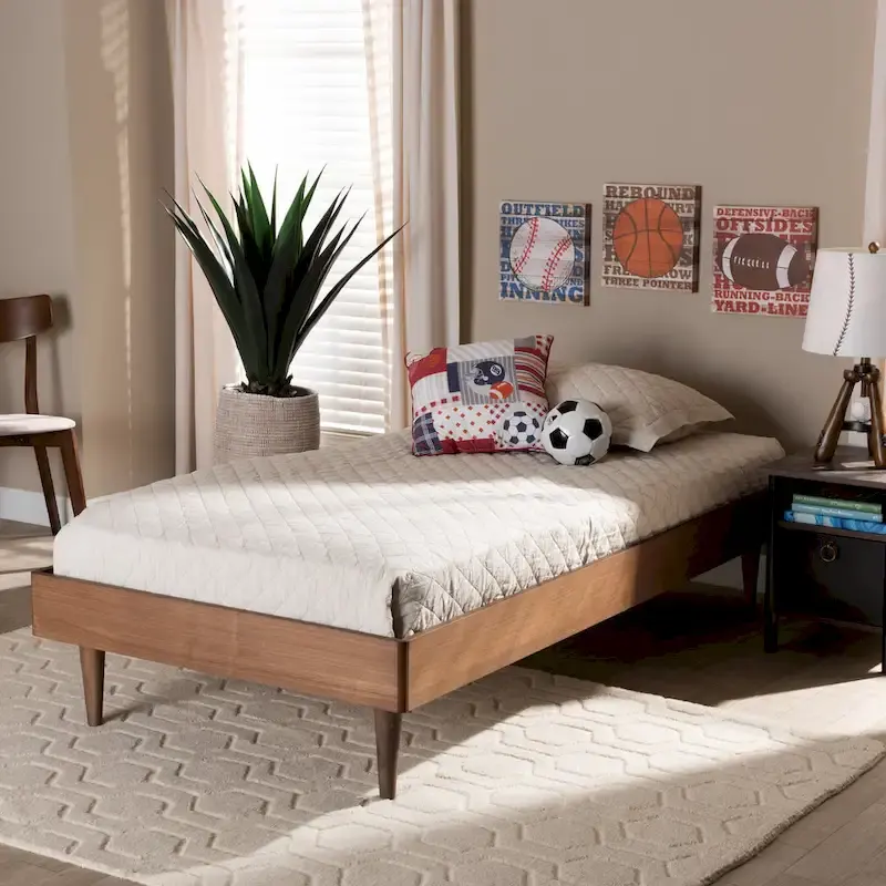 Ash Walnut Twin Platform Bed Frame, Mid-Century Style, 1-Person