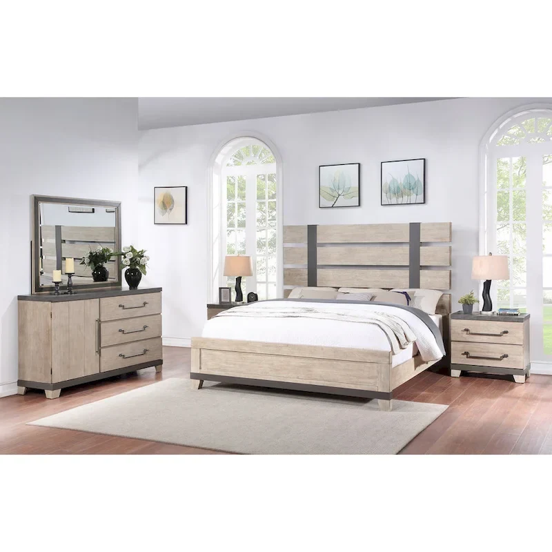 Wood Slatted Panel Bed with Dresser, Mirror, and Two Nightstands, Weathered Oak Finish