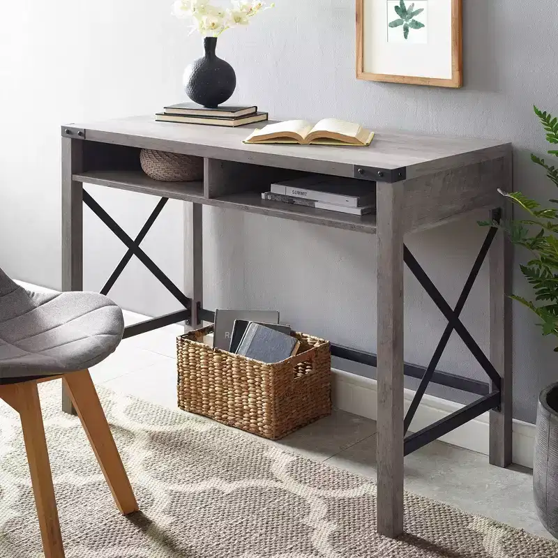 Sophie Modern Farmhouse X Frame Writing Desk with Cubbies Gray Wash - Saracina Home