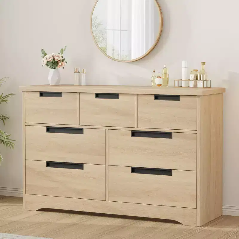 7 Drawer Dresser for Bedroom, Natural Modern Double Dresser Organizer with Embedded Handles Design, Wooden Chest of Drawers for Living Room, Hallway
