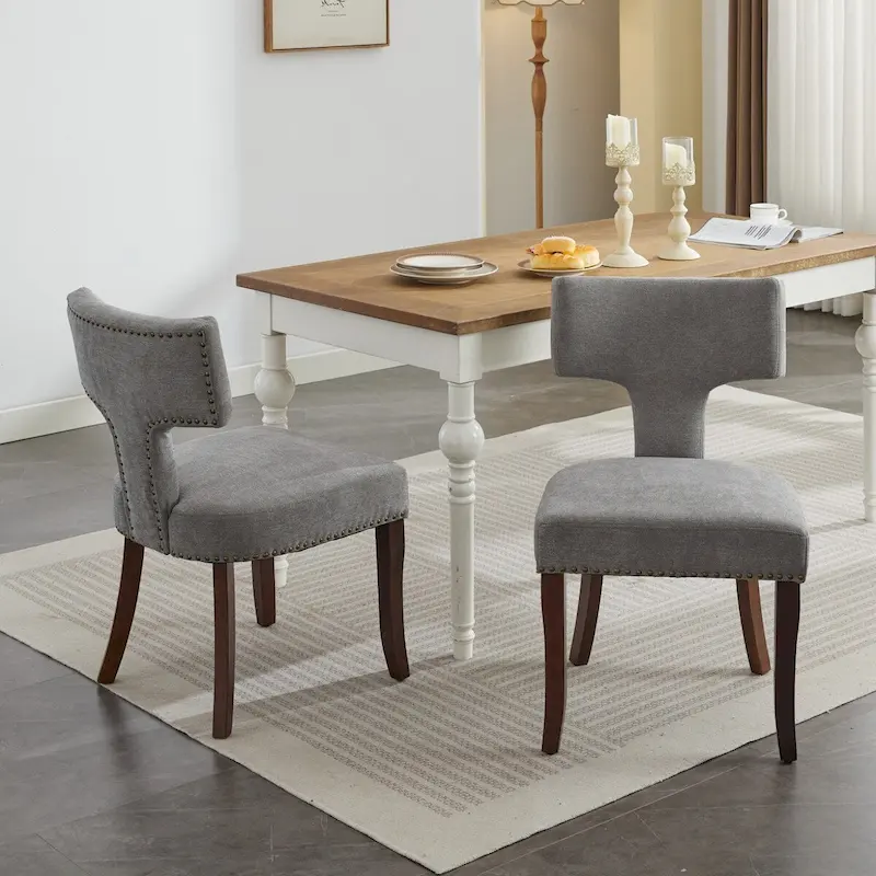 Dining Chairs Set of 2,Linen Fabric Upholstered Chair Curved Backrest with Copper Nails around,Chairs with Hardwood Frame