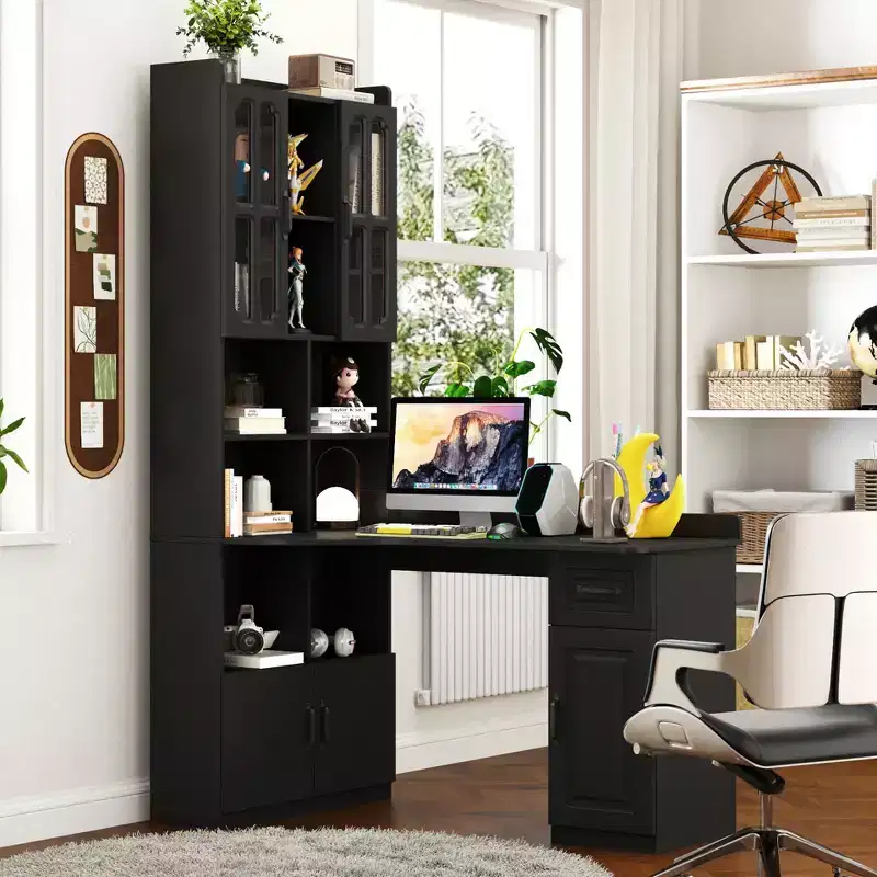 TUYOHW L-Shaped Corner Desk,Computer Desk with Hutch & Bookshelf,2-in-1 Study Desk with Drawers,Cabinets,Modern Working Desk for Office,Study