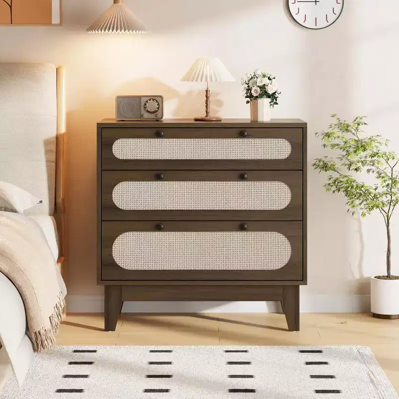 Rattan 3 Different Drawer Dresser for Bedroom,Natural Modern Closet Dresser with Wooden, Handles and Wooden Legs