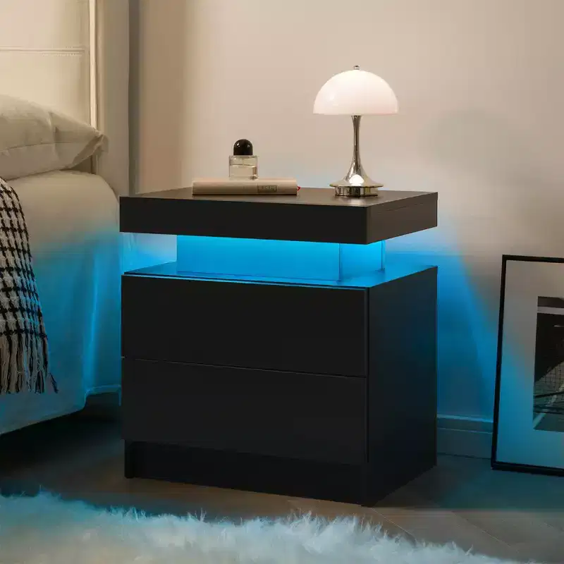 Nightstand LED Bedside Table Cabinet Lights Modern End Side with 2 Drawers for Bedroom (Black)