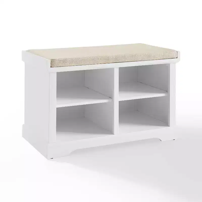 Wood and Linen Entryway Storage Bench with Shoe Cubbies White