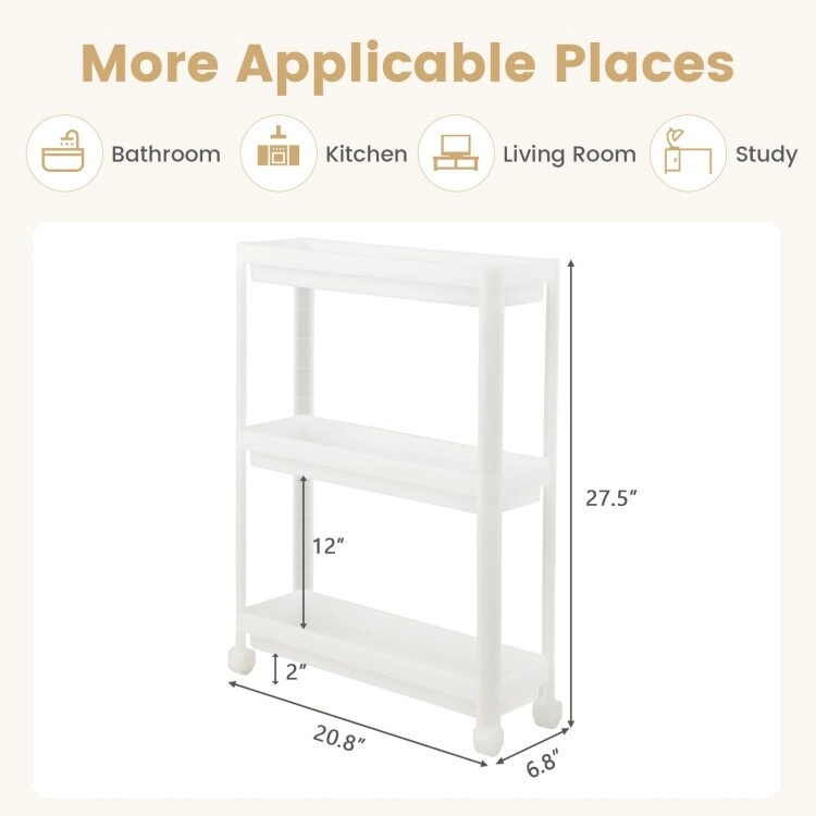 2 Pieces 3-Tier Slim Detachable Storage Cart with Drainage Holes and Wheels-White - 20.8 x 6.8 x 27.5