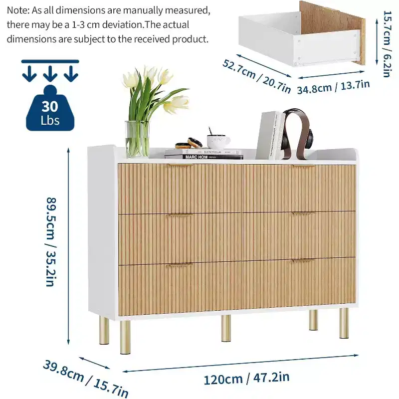Garvee 6-Drawer Dresser, 47.2 Fluted Wood Double Dresser with Metal Handles Curved Design Wide Storage Organizer Cabinet,Natural Oak+White
