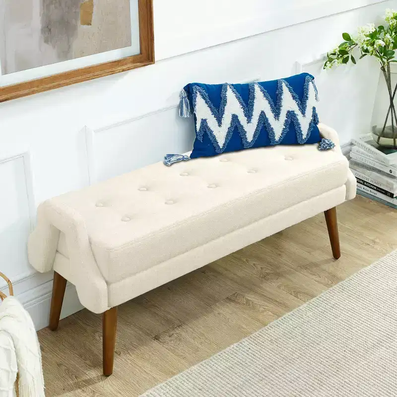 Modern Bench with Soft Cushion, Geometric Armrests, and Hardwood Legs