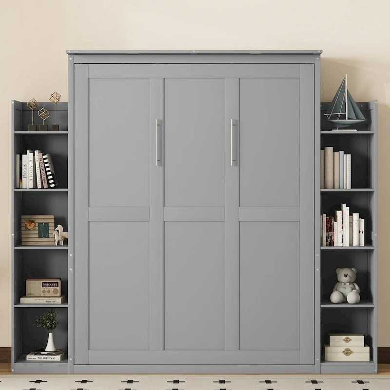 Queen Size Murphy Wall Bed with Shelves & LED Lights – White / Grey, Plywood & MDF, Single