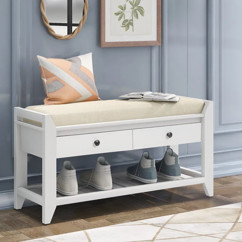Wooden Shoe Bench with Cushioned Seat, 2 Storage Drawers & Gridded Shoe Rack